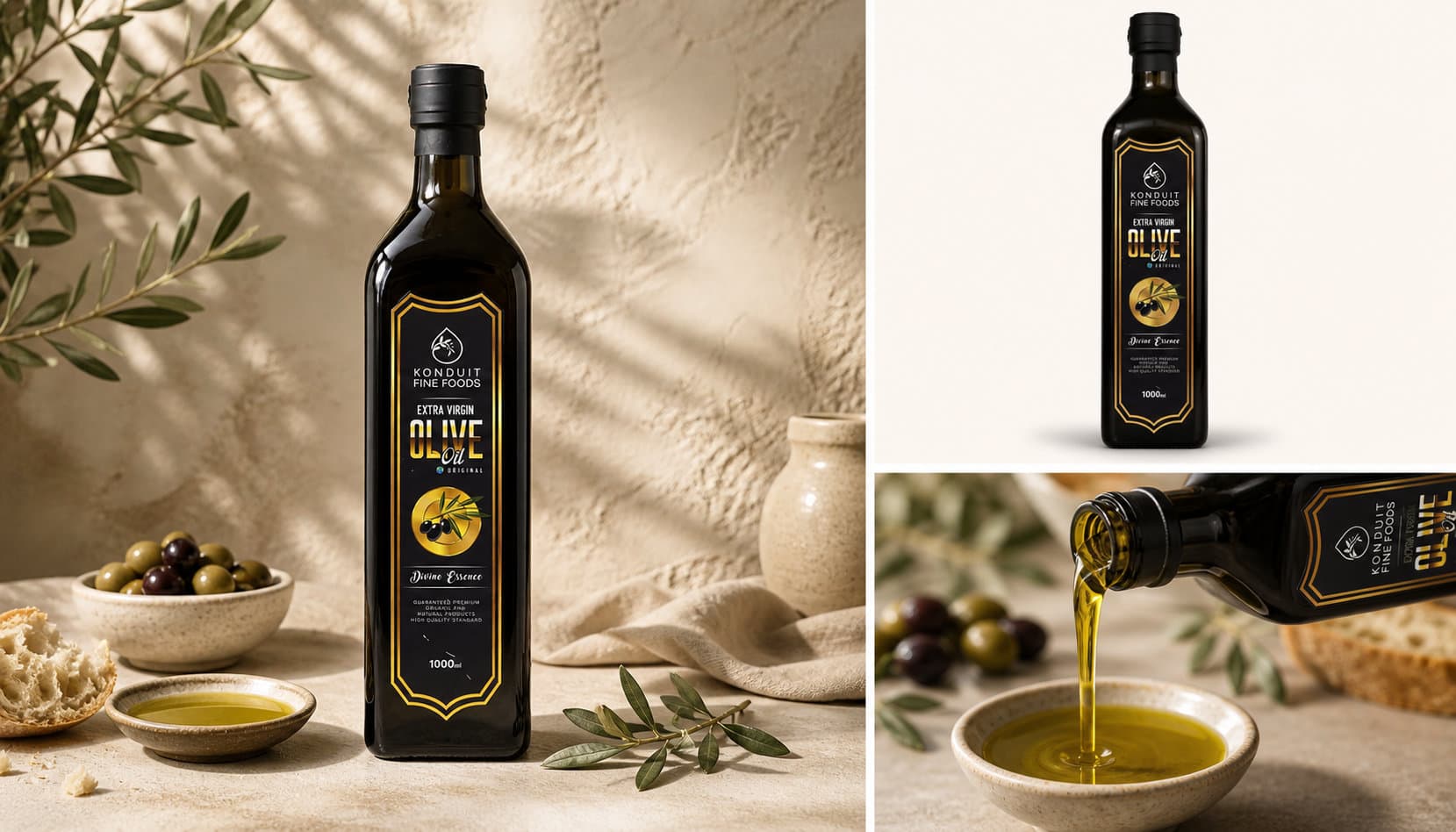 Konduit olive oil collection — three bottles