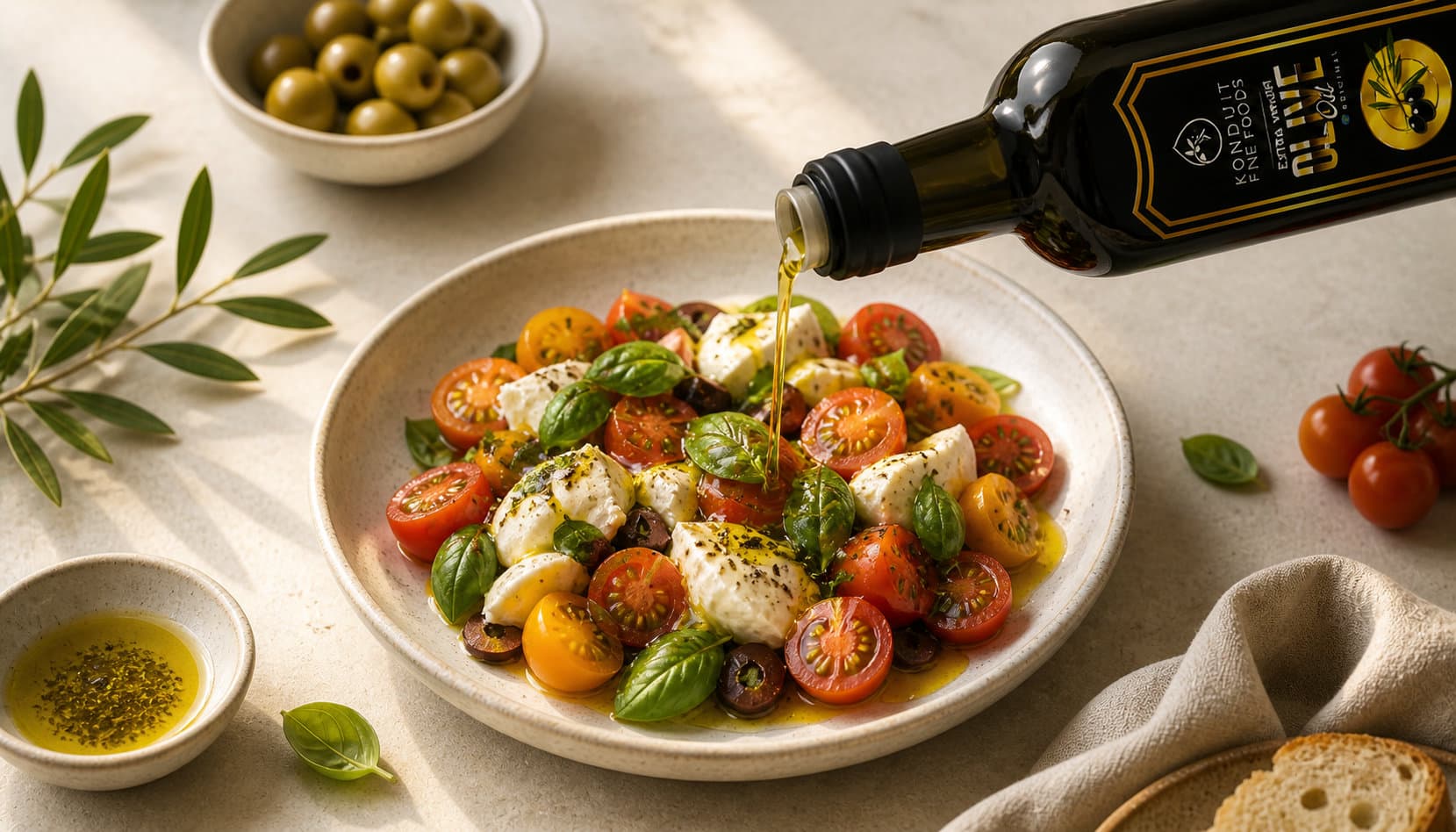 Konduit olive oil drizzled over caprese salad